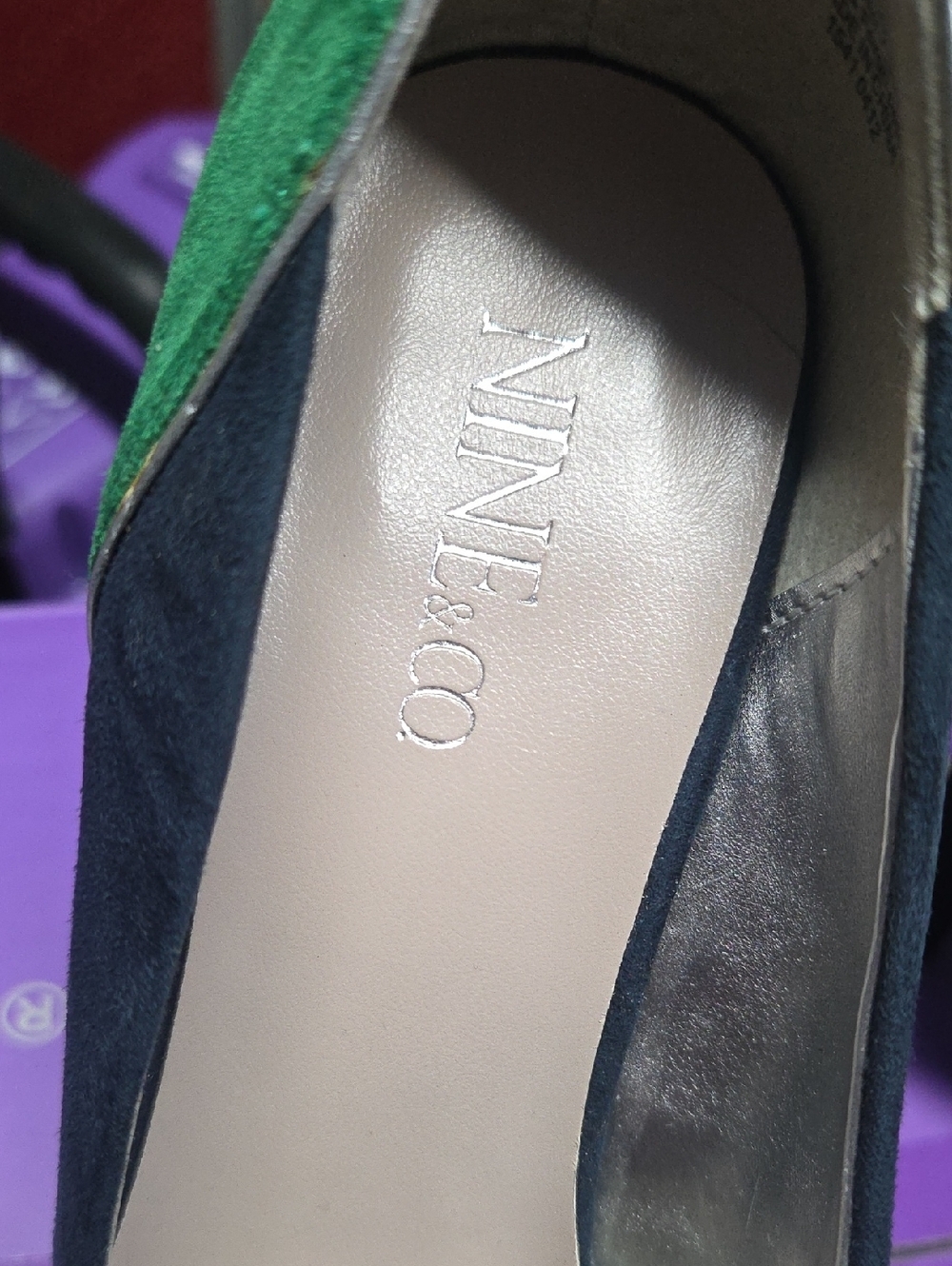 Nine&Co. Navy Suede Heels with Green And Royal Blue  Accent. - Picture 4 of 5